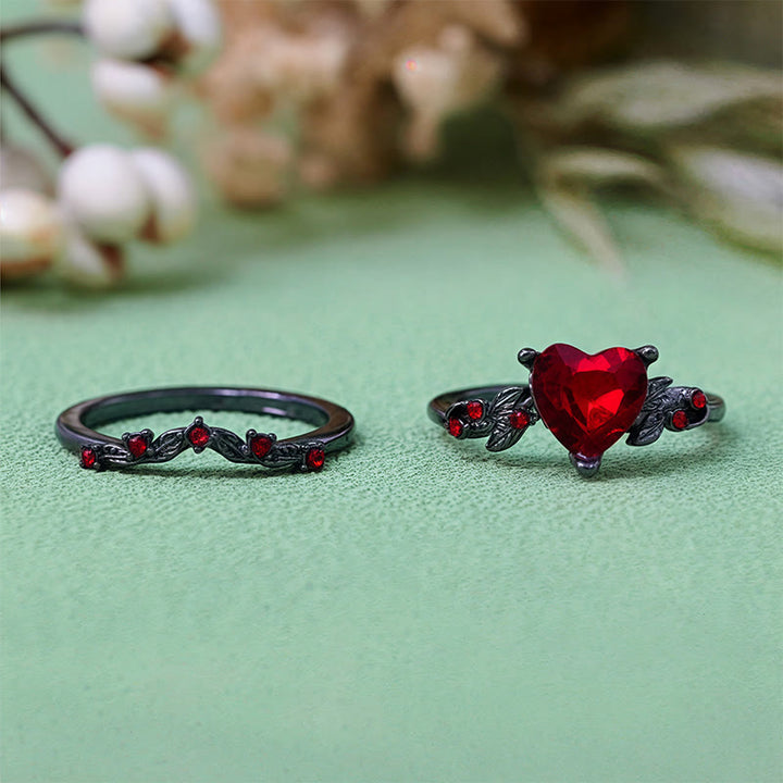 Olivenorma Lot de 2 bagues en forme de cœur avec rubis et quartz noir