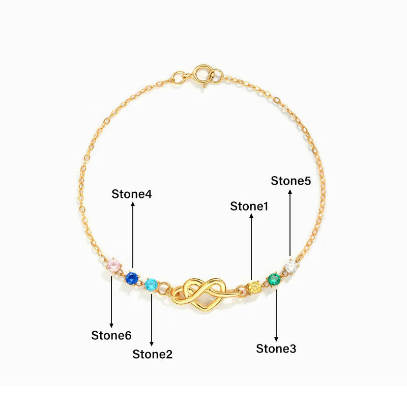 Bracelet personnalisé Olivenorma avec 1 à 8 pierres de naissance et nœud en forme de cœur