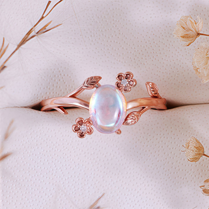 Bague en pierre de lune ovale à fleur de vigne Olivenorma