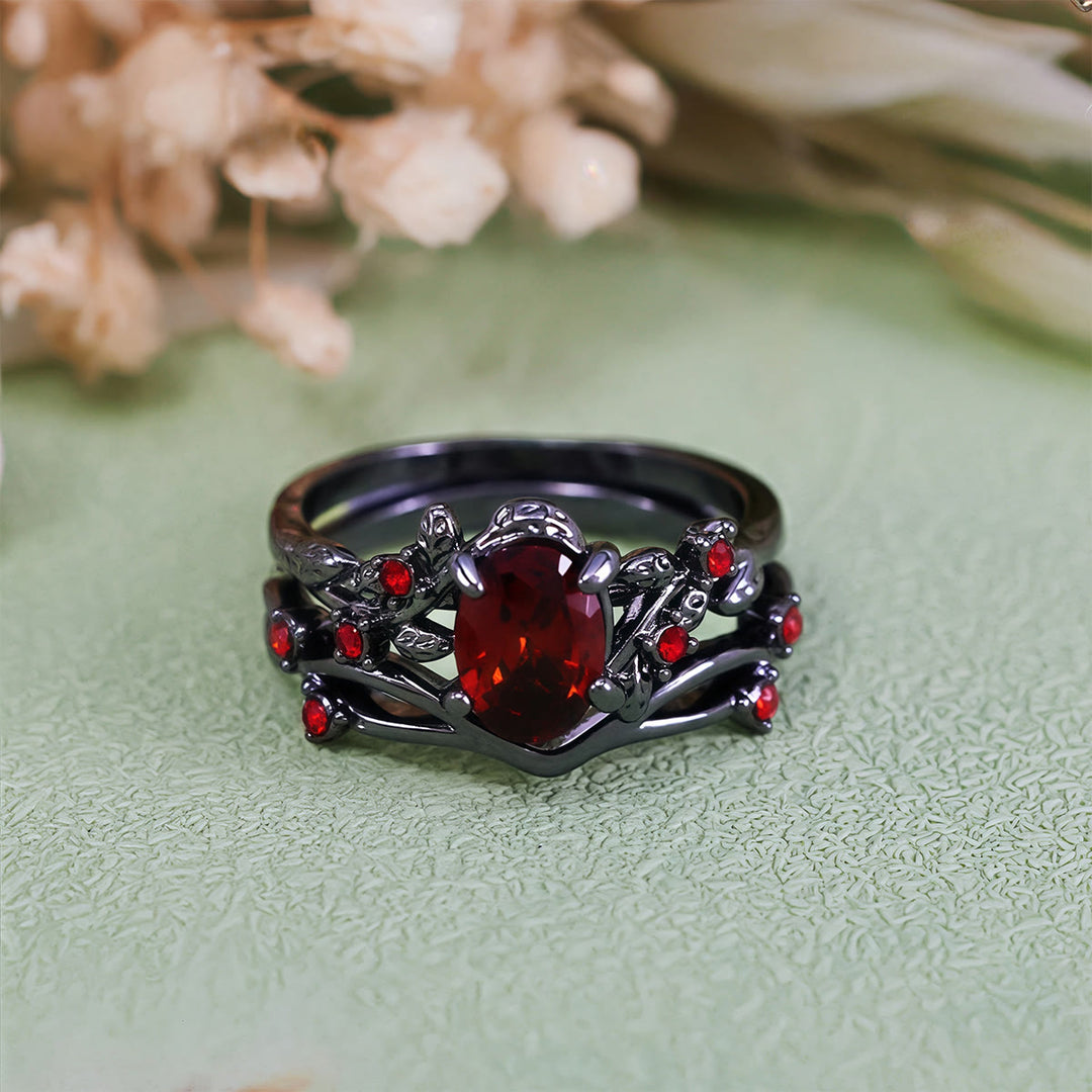 Bague vintage Olivenorma en rubis noir et feuille