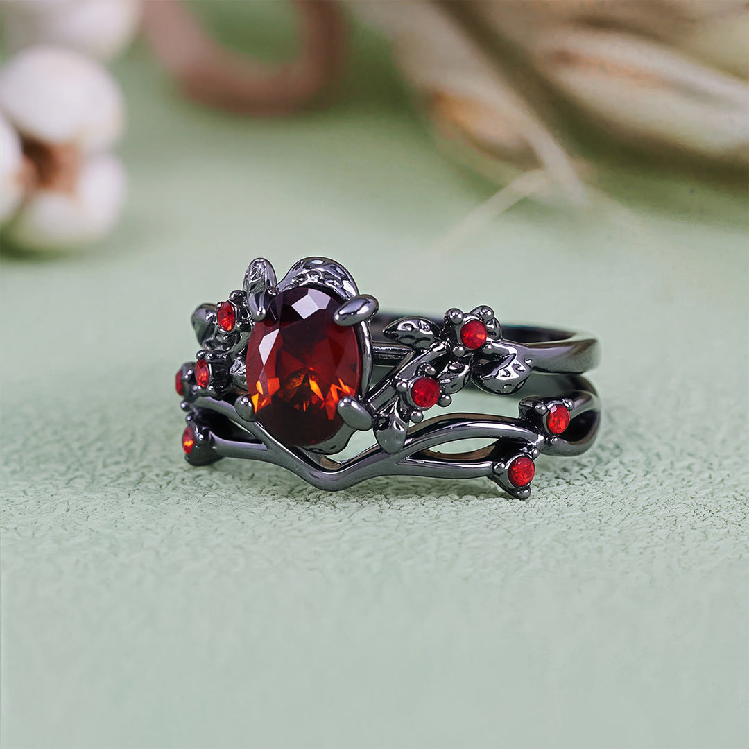 Bague vintage Olivenorma en rubis noir et feuille