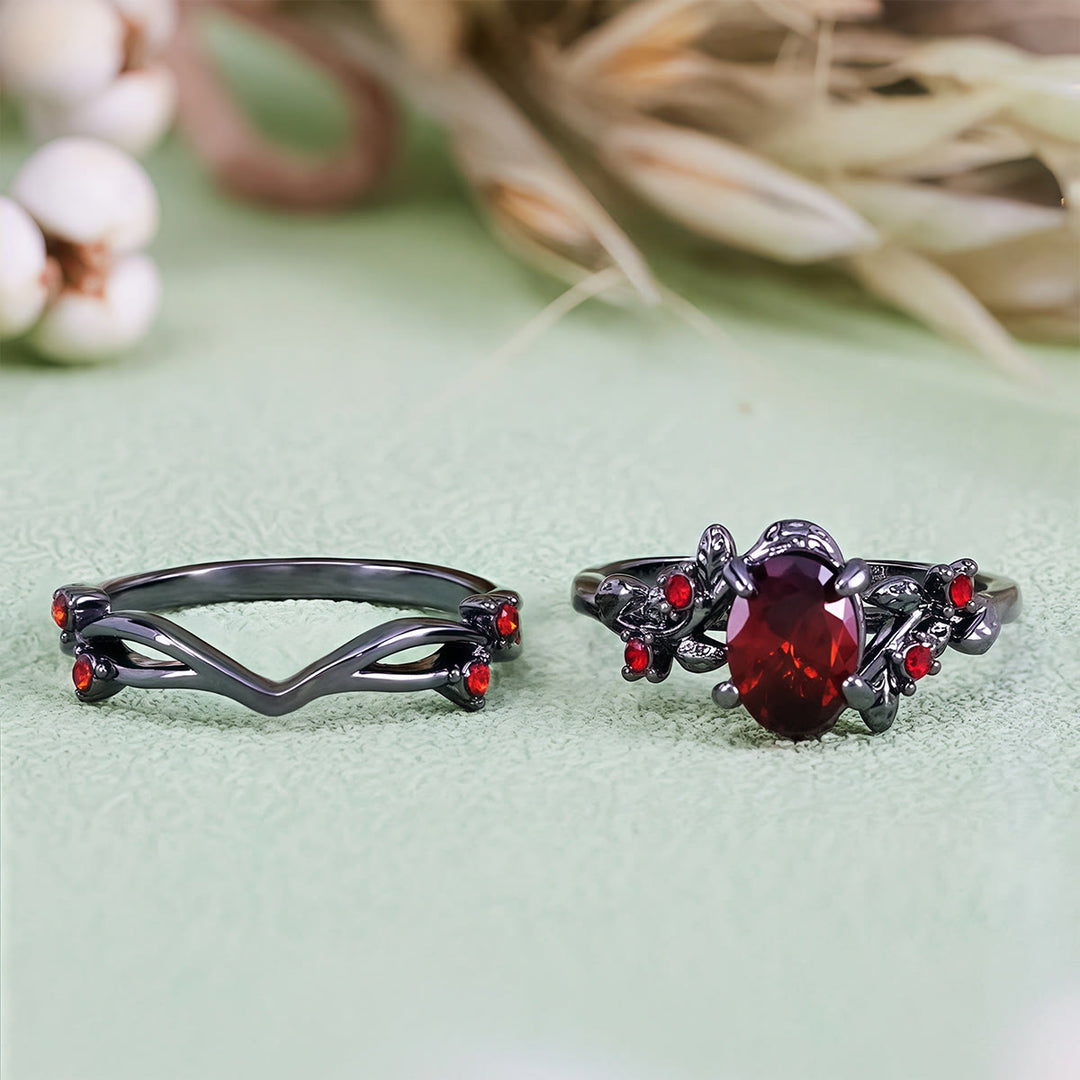 Bague vintage Olivenorma en rubis noir et feuille