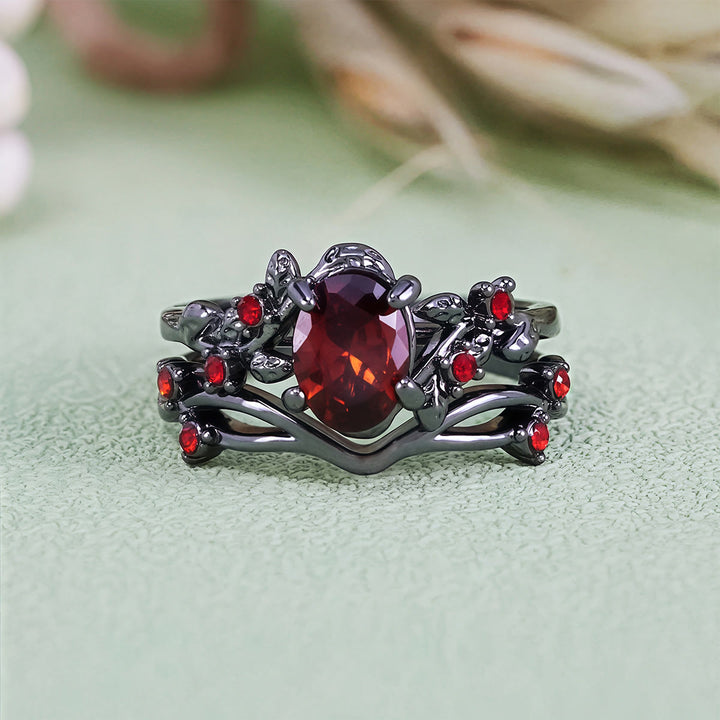 Bague vintage Olivenorma en rubis noir et feuille