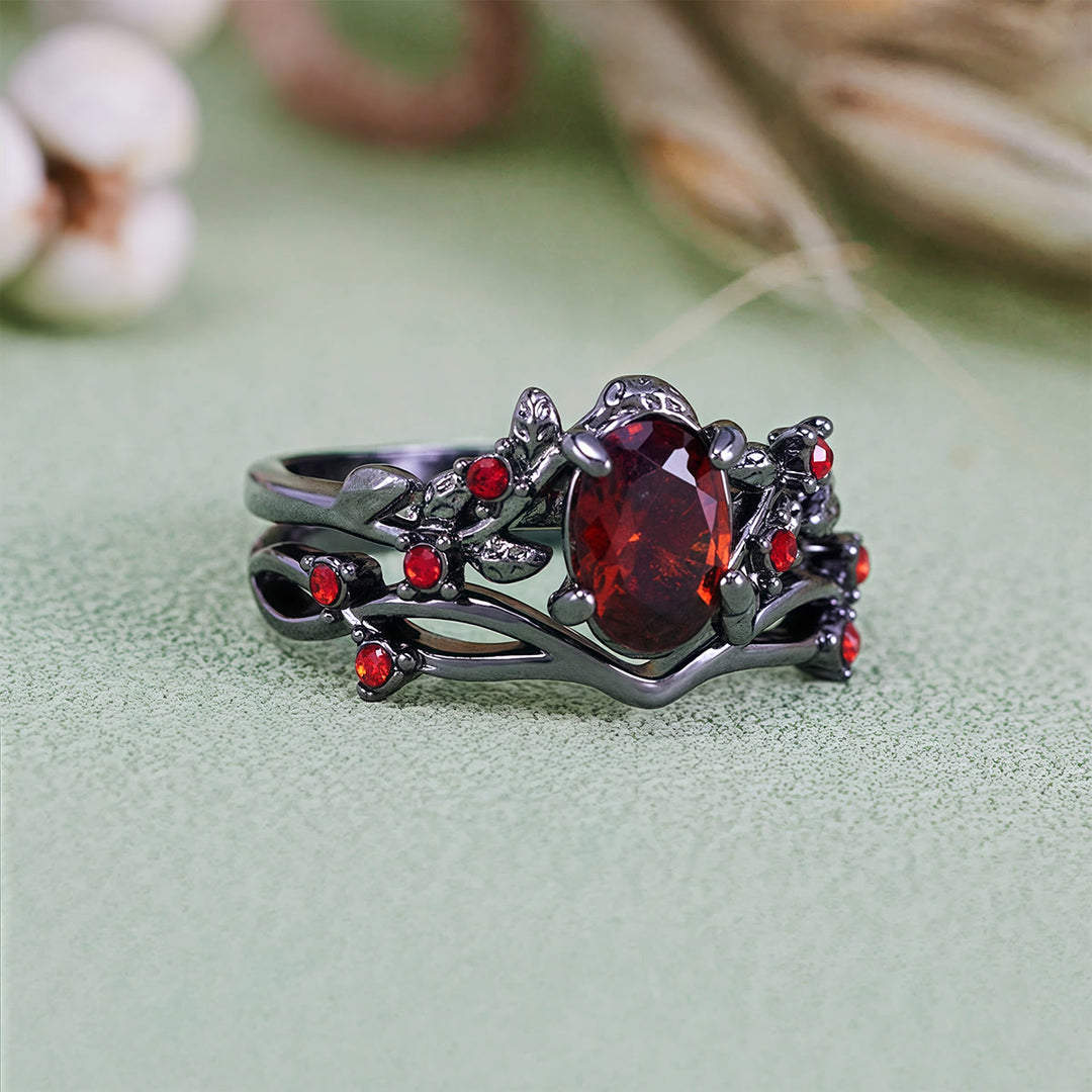 Bague vintage Olivenorma en rubis noir et feuille