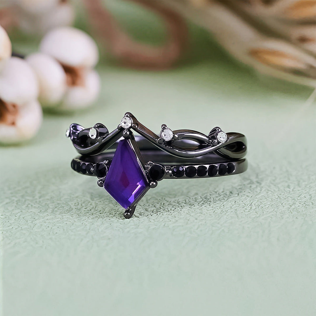 Ensemble de deux bagues noires Olivenorma Midnight en améthyste synthétique et zircon - image 4