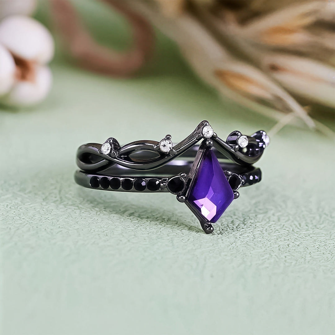 Ensemble de deux bagues noires Olivenorma Midnight en améthyste synthétique et zircon - image 6