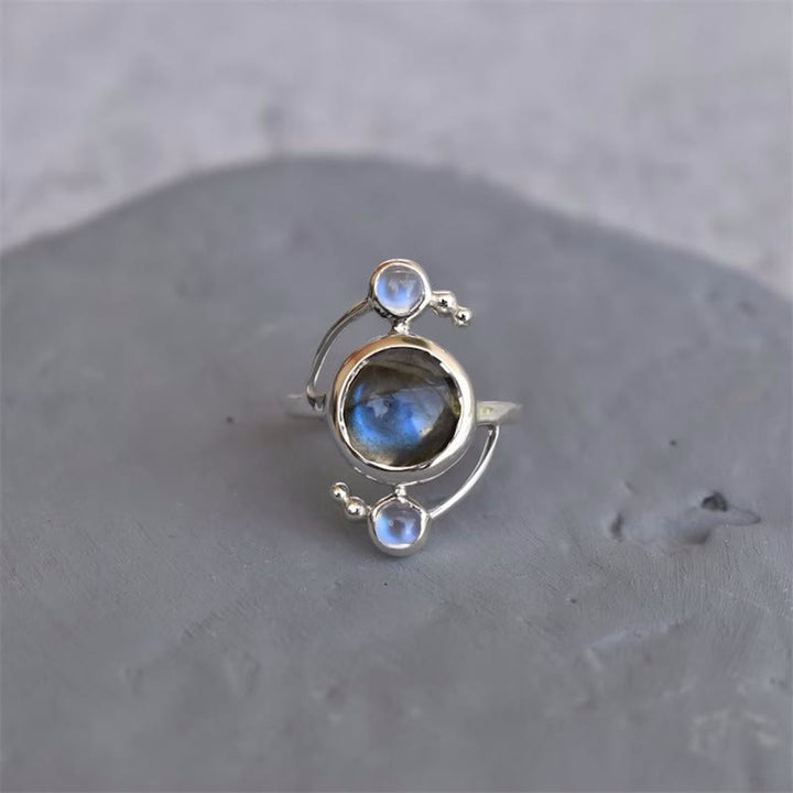 Bague en alliage avec labradorite naturelle et motif satellite Olivenorma