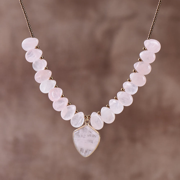 Collier pendentif cœur en perles d'améthyste et de quartz rose Olivenorma