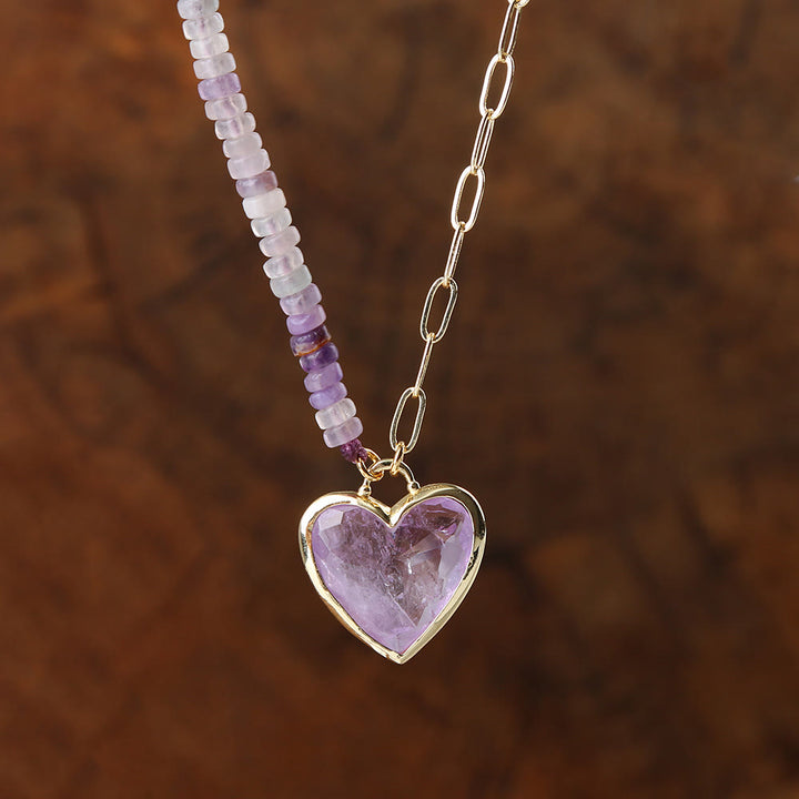 Collier pendentif cœur en perles d'améthyste et de quartz rose Olivenorma