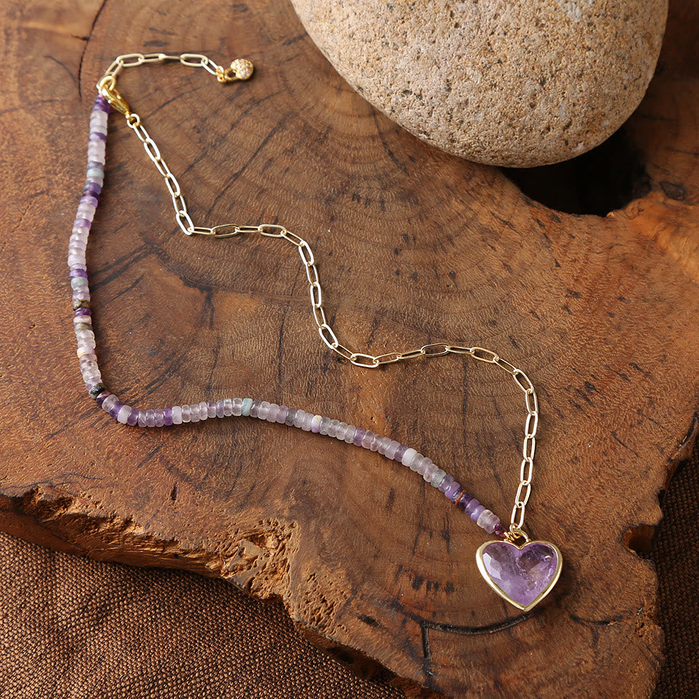 Collier pendentif cœur en perles d'améthyste et de quartz rose Olivenorma