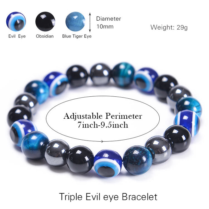 Bracelet Olivenorma en obsidienne, hématite, bleu et rouge, œil de tigre