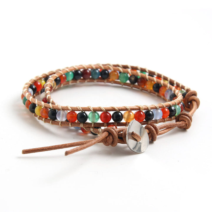 Bracelet tressé en cuir et perles de pierre naturelle Olivenorma