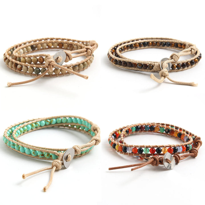 Bracelet tressé en cuir et perles de pierre naturelle Olivenorma