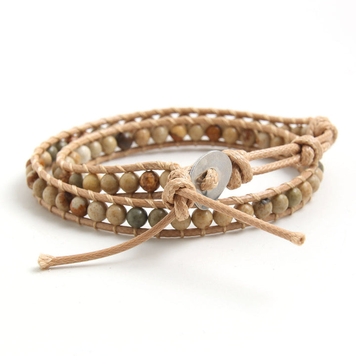 Bracelet tressé en cuir et perles de pierre naturelle Olivenorma