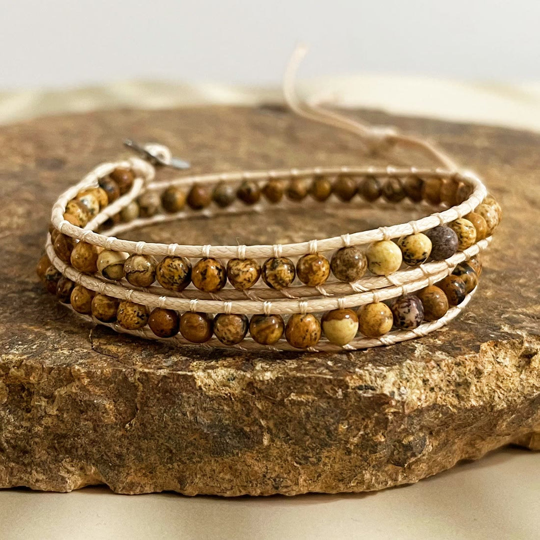 Bracelet tressé en cuir et perles de pierre naturelle Olivenorma