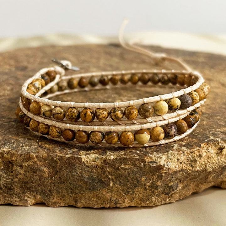 Bracelet tressé en cuir et perles de pierre naturelle Olivenorma