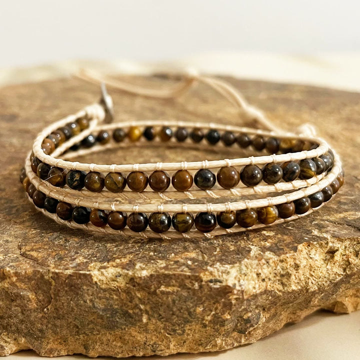 Bracelet tressé en cuir et perles de pierre naturelle Olivenorma