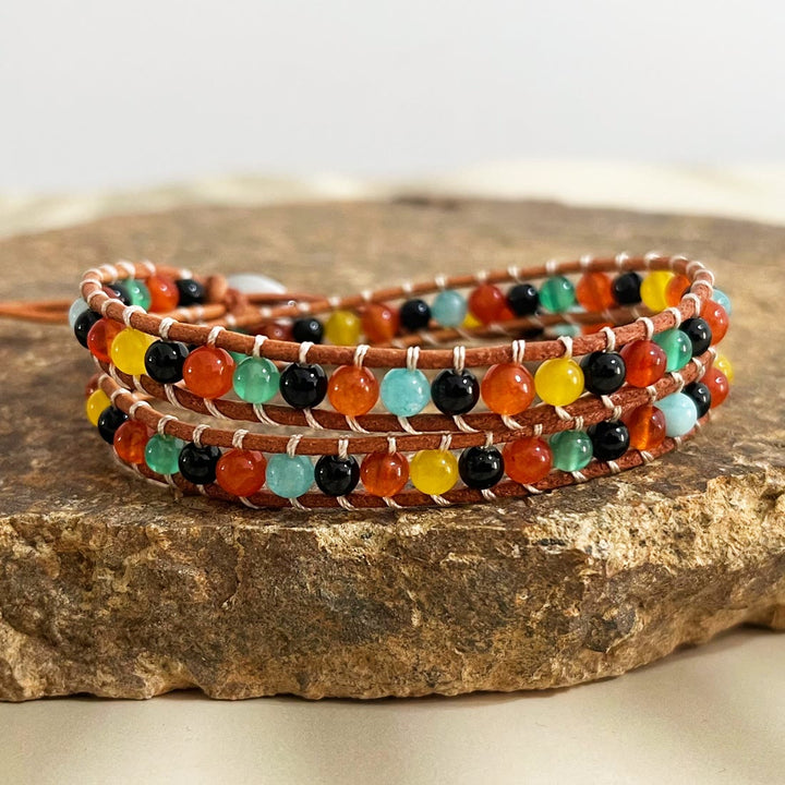 Bracelet tressé en cuir et perles de pierre naturelle Olivenorma