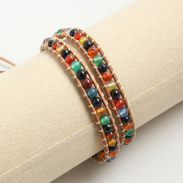 Bracelet tressé en cuir et perles de pierre naturelle Olivenorma
