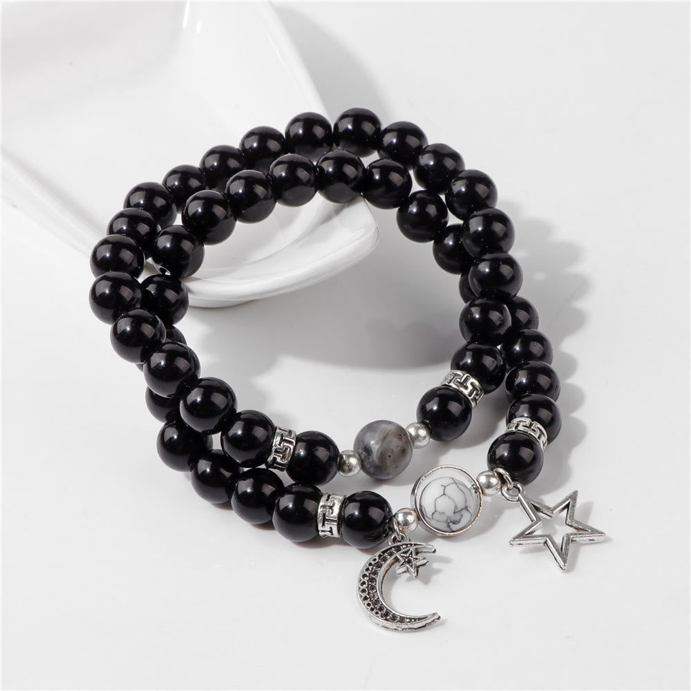 Ensemble de bracelets pendentifs lune et étoile en perles de pierre naturelle Olivenorma