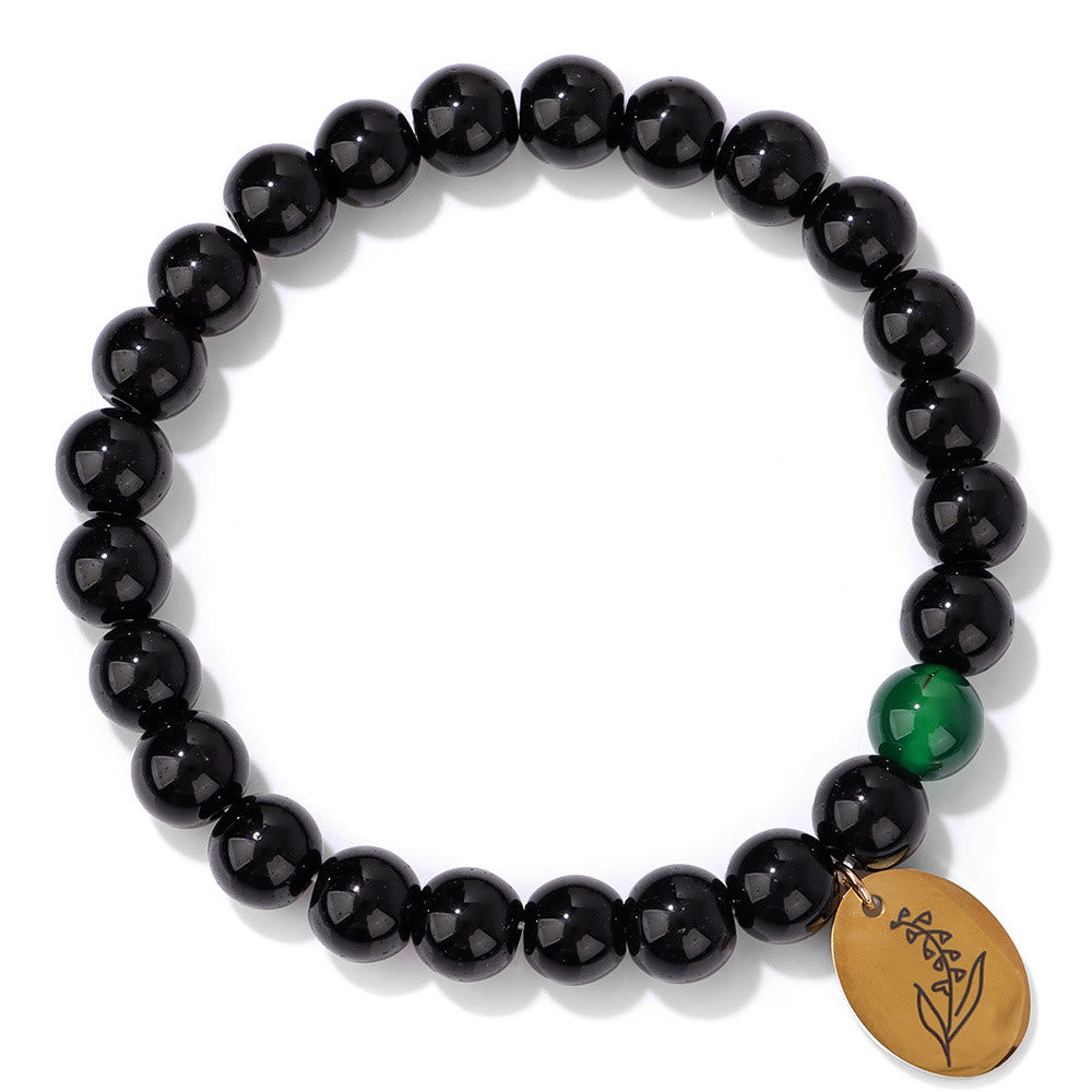 Bracelet en métal Olivenorma avec perles d'obsidienne de 8 mm et fleur de naissance