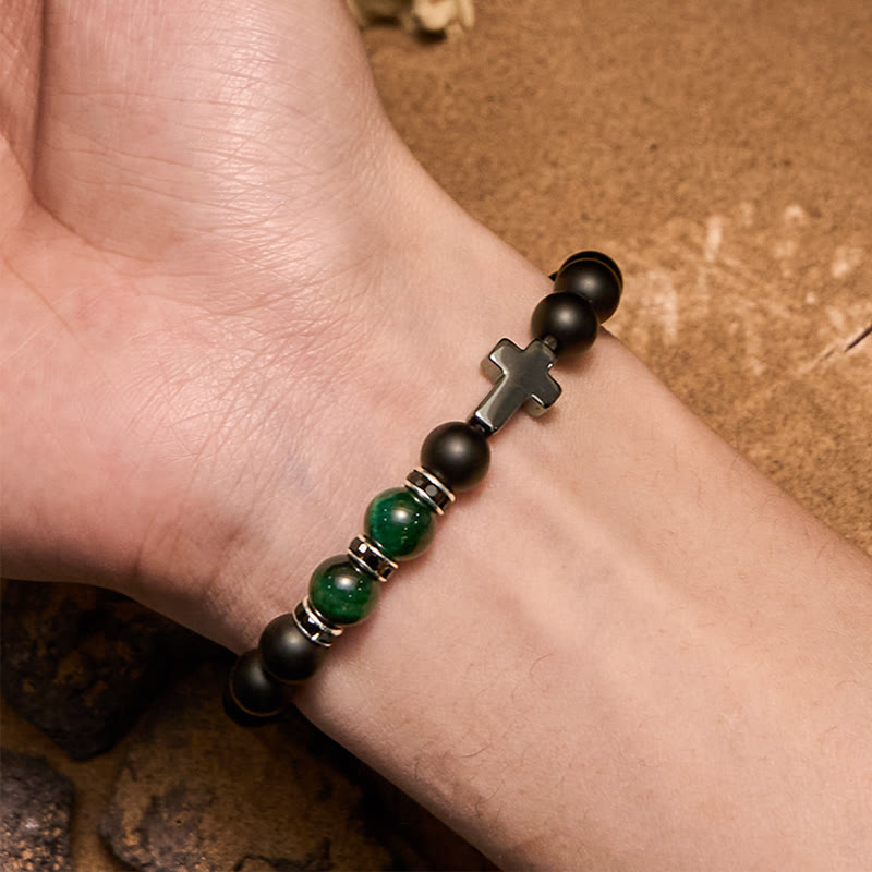Bracelet Olivenorma pour homme en perles d'hématite, d'obsidienne et d'œil de tigre de 8 mm
