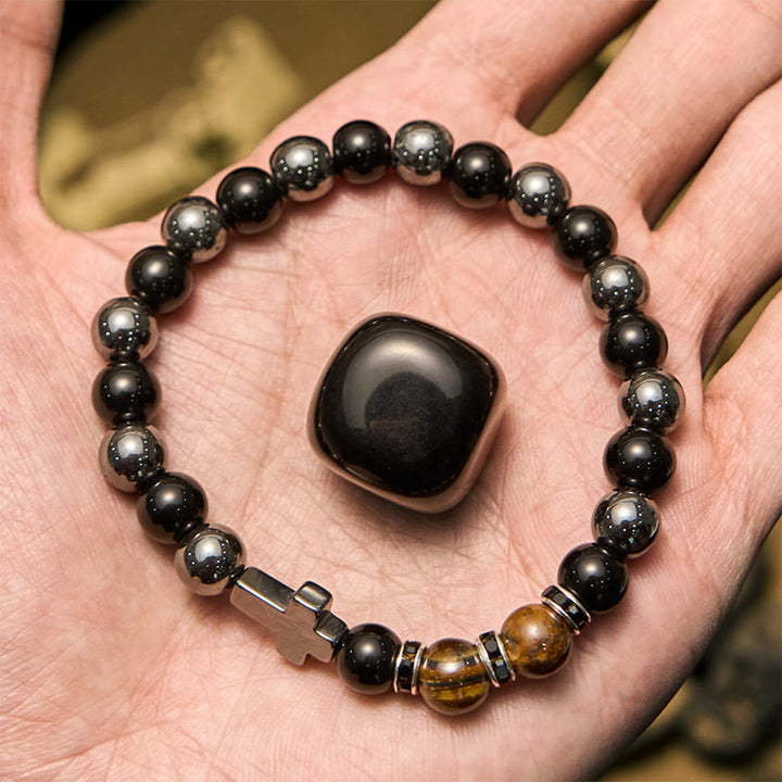 Bracelet Olivenorma pour homme en perles d'hématite, d'obsidienne et d'œil de tigre de 8 mm