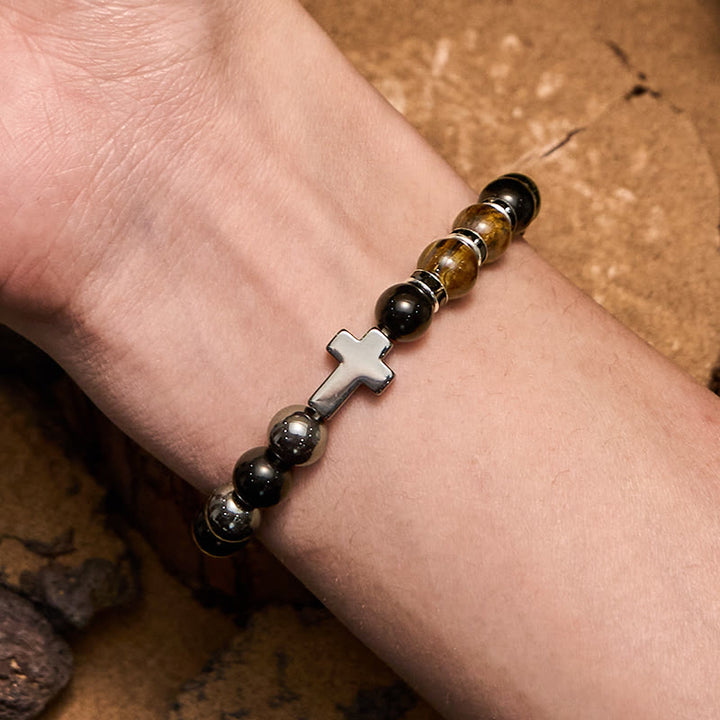 Bracelet Olivenorma pour homme en perles d'hématite, d'obsidienne et d'œil de tigre de 8 mm