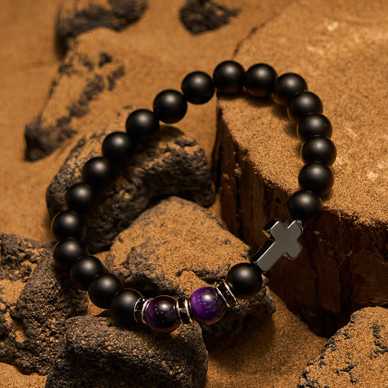 Bracelet Olivenorma pour homme en perles d'hématite, d'obsidienne et d'œil de tigre de 8 mm