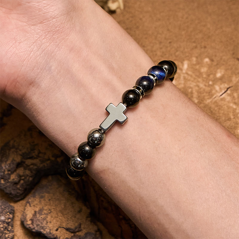 Bracelet Olivenorma pour homme en perles d'hématite, d'obsidienne et d'œil de tigre de 8 mm
