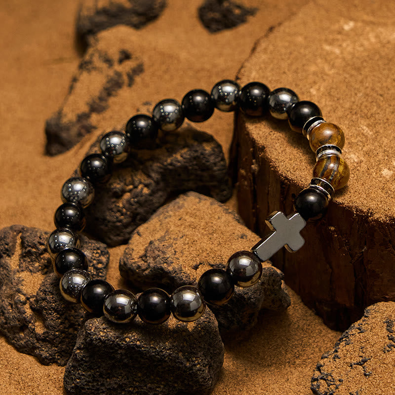 Bracelet Olivenorma pour homme en perles d'hématite, d'obsidienne et d'œil de tigre de 8 mm