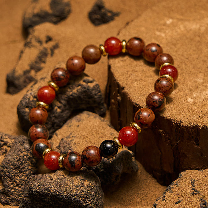 Bracelet de perles de corail rouge en obsidienne acajou naturelle Olivenorma