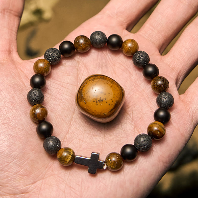 Bracelet croix en perles de pierre de lave œil de tigre Olivenorma