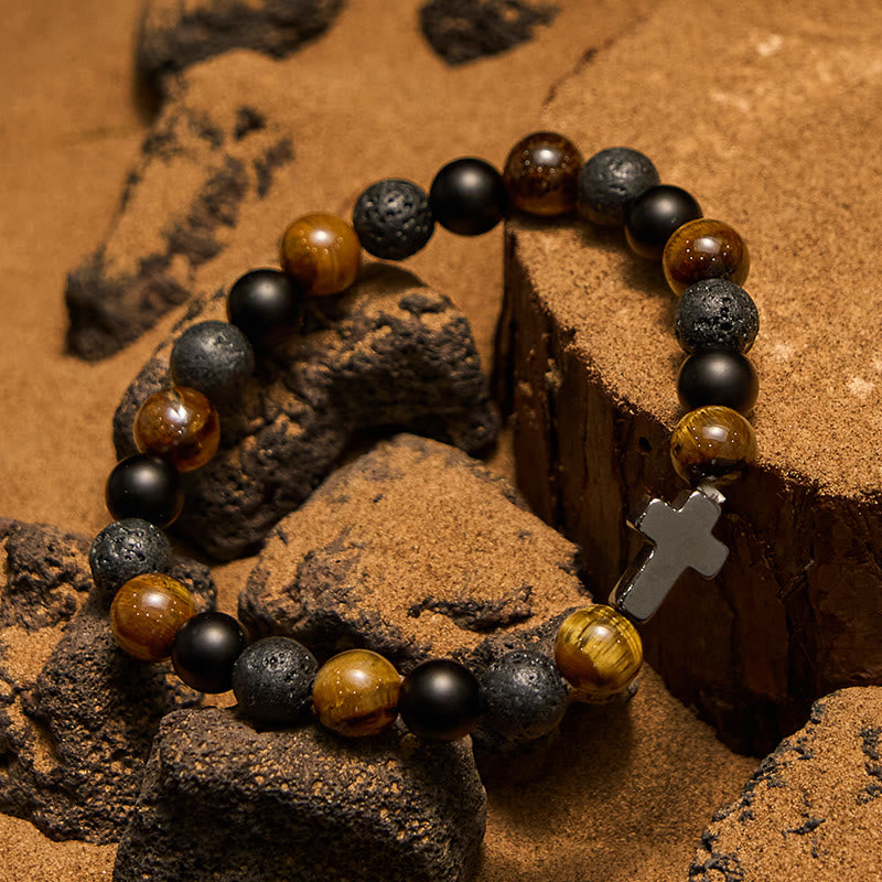Bracelet croix en perles de pierre de lave œil de tigre Olivenorma