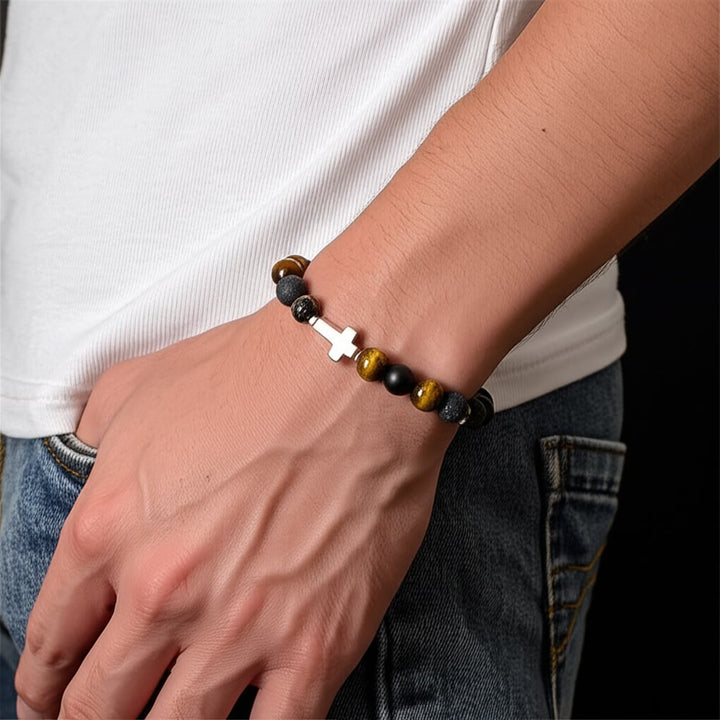 Bracelet croix en perles de pierre de lave œil de tigre Olivenorma