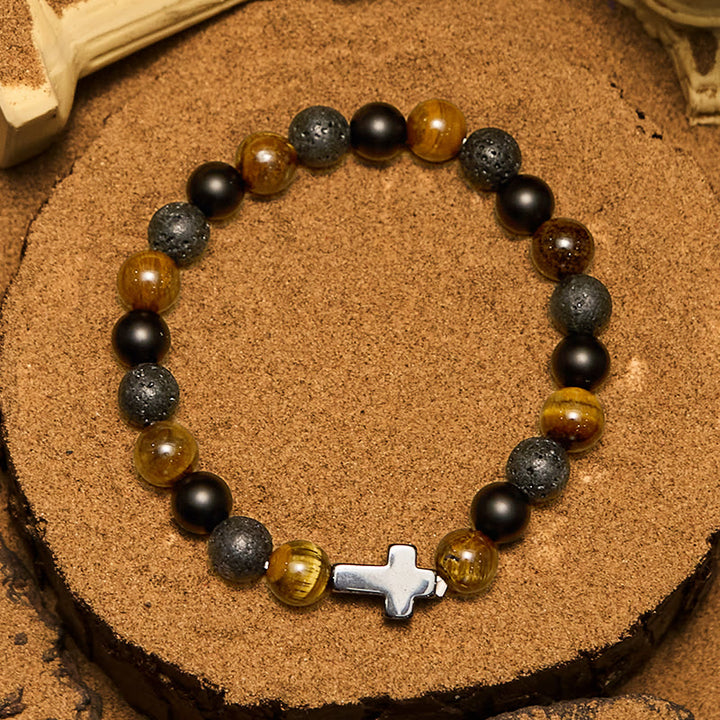 Bracelet croix en perles de pierre de lave œil de tigre Olivenorma