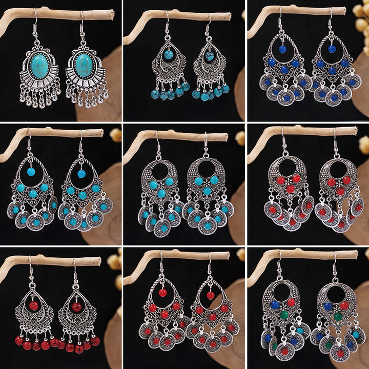 Boucles d'oreilles Olivenorma style ethnique rétro bohème à pampilles turquoise