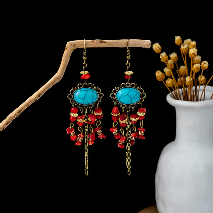 Boucles d'oreilles Olivenorma style ethnique rétro bohème à pampilles turquoise