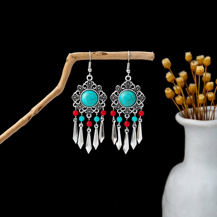 Boucles d'oreilles Olivenorma style ethnique rétro bohème à pampilles turquoise