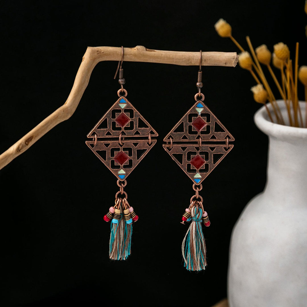 Boucles d'oreilles Olivenorma style ethnique rétro bohème à pampilles turquoise