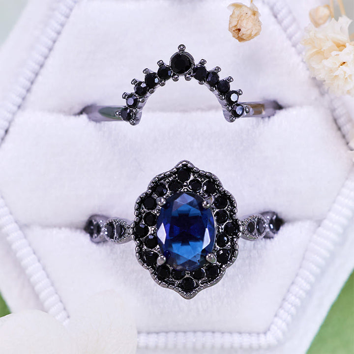 Parure de mariée florale Olivenorma en or noir et saphir ovale