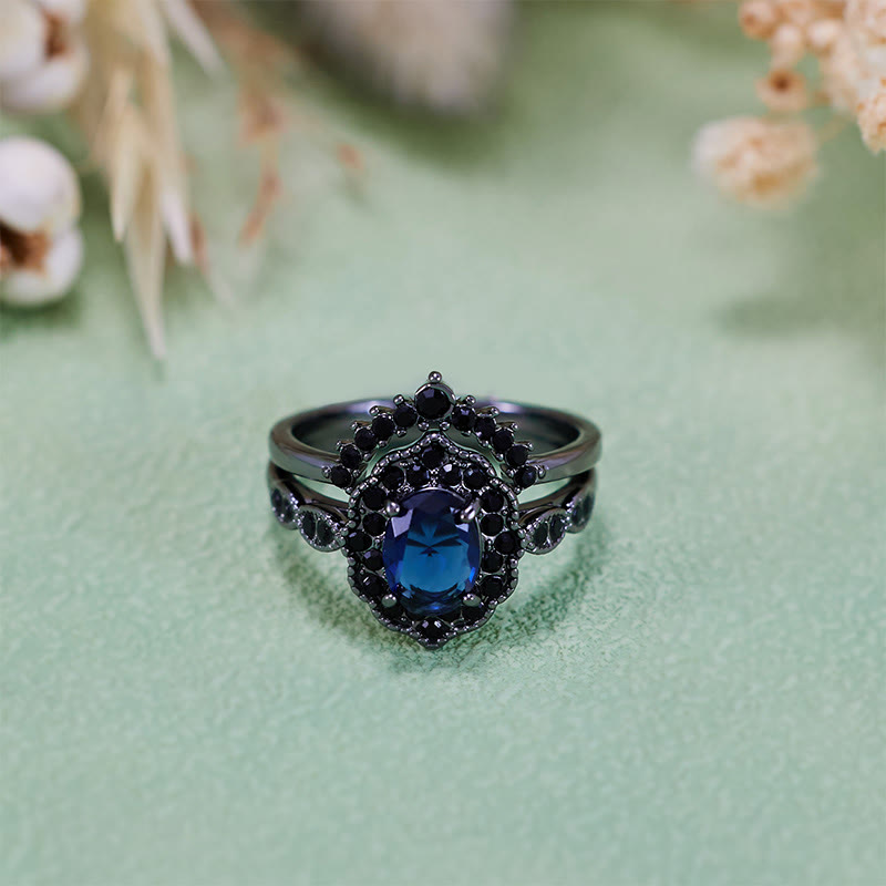 Parure de mariée florale Olivenorma en or noir et saphir ovale