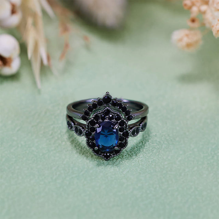 Parure de mariée florale Olivenorma en or noir et saphir ovale