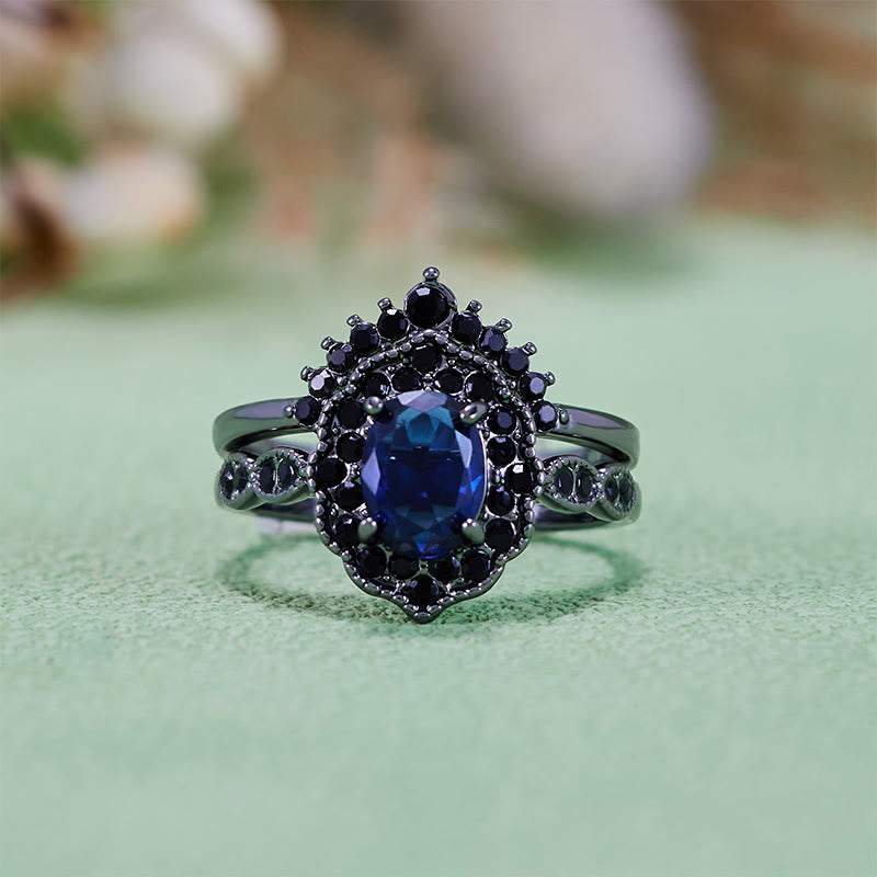 Parure de mariée florale Olivenorma en or noir et saphir ovale