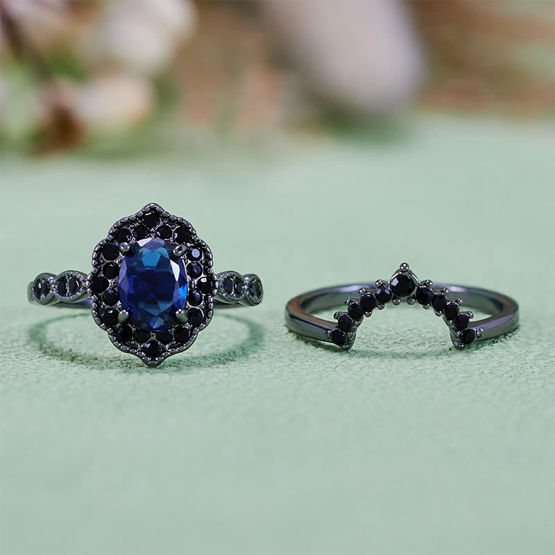 Parure de mariée florale Olivenorma en or noir et saphir ovale