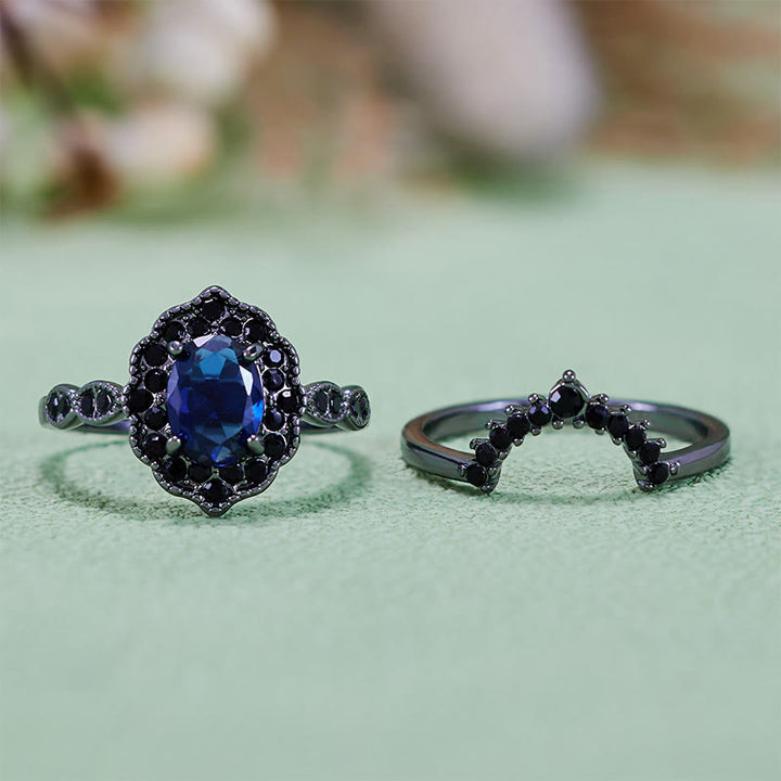 Parure de mariée florale Olivenorma en or noir et saphir ovale