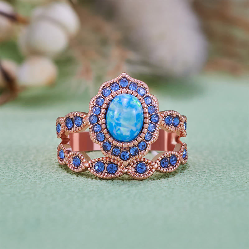 Olivenorma Ensemble de 2 bagues en or rose, saphir et opale bleue