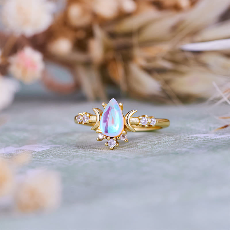 Bague double lune en pierre de lune artificielle taille goutte Olivenorma