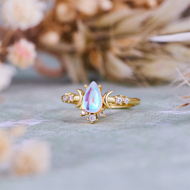 Bague double lune en pierre de lune artificielle taille goutte Olivenorma