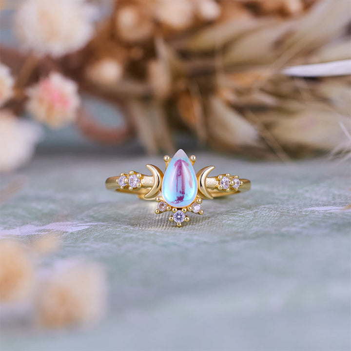 Bague double lune en pierre de lune artificielle taille goutte Olivenorma